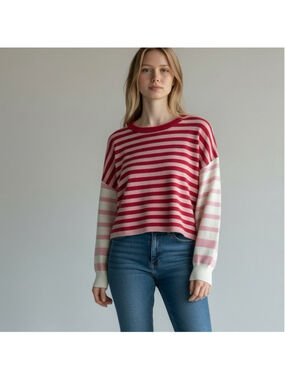 Anthropologie Daily Practice Pink White Striped Crop Drop Shoulder Sweater Sz XS